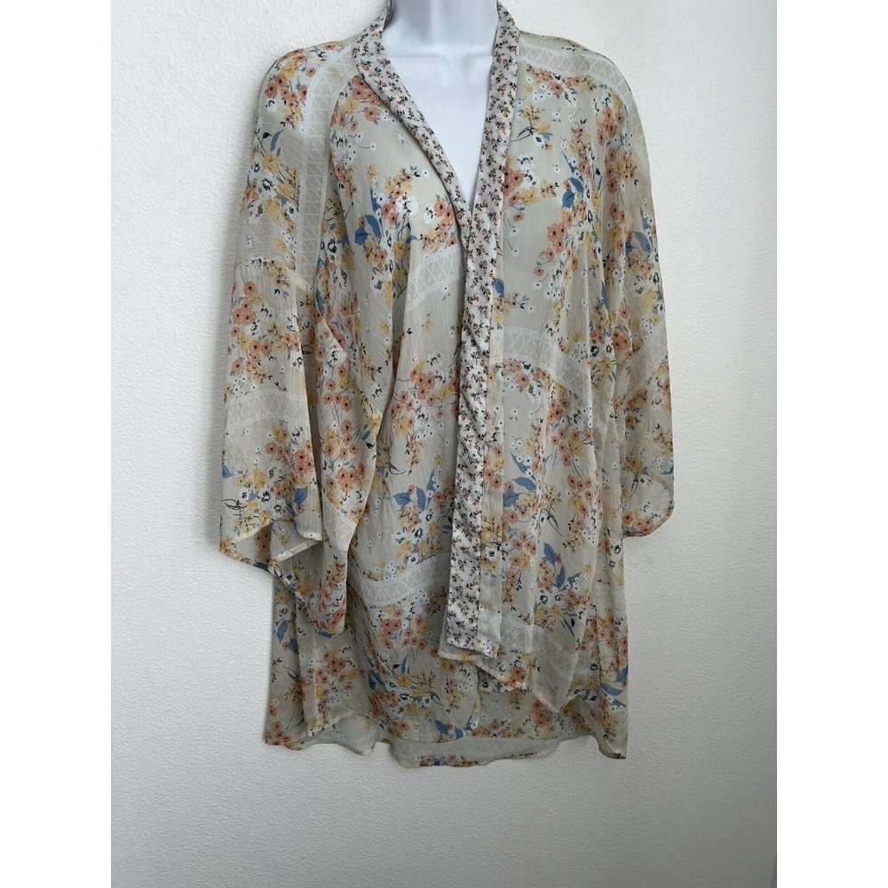 Band Of Gypsies Kimono Beige Blue Floral Super Cute XS/S Boho Hippie Festival